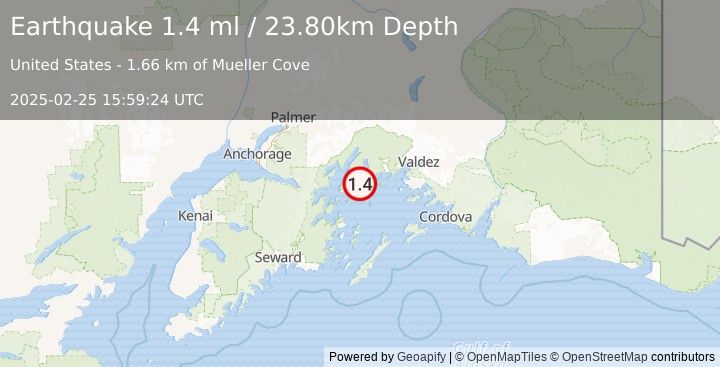 Earthquake 52 km W of Tatitlek, Alaska (1.4 ml) (2025-02-25 15:59:24 UTC)