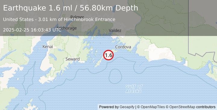 Earthquake 67 km WSW of Cordova, Alaska (1.6 ml) (2025-02-25 16:03:43 UTC)