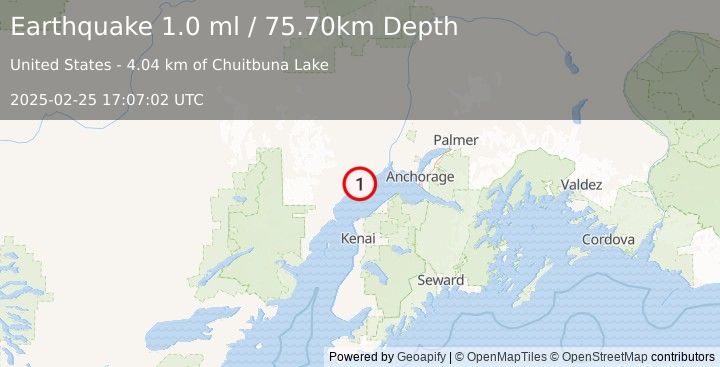 Earthquake 7 km W of Beluga, Alaska (1.0 ml) (2025-02-25 17:07:02 UTC)