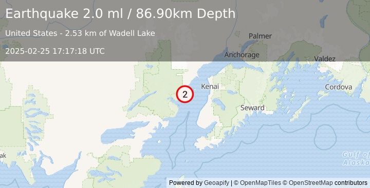 Earthquake 52 km NW of Ninilchik, Alaska (2.0 ml) (2025-02-25 17:17:18 UTC)