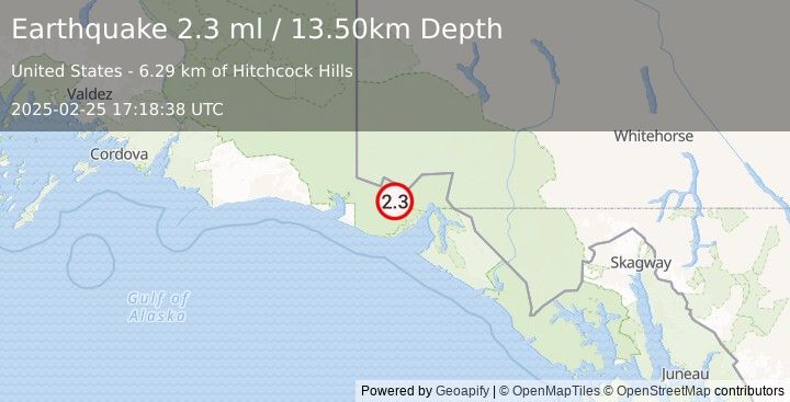 Earthquake 65 km NNW of Yakutat, Alaska (2.3 ml) (2025-02-25 17:18:38 UTC)