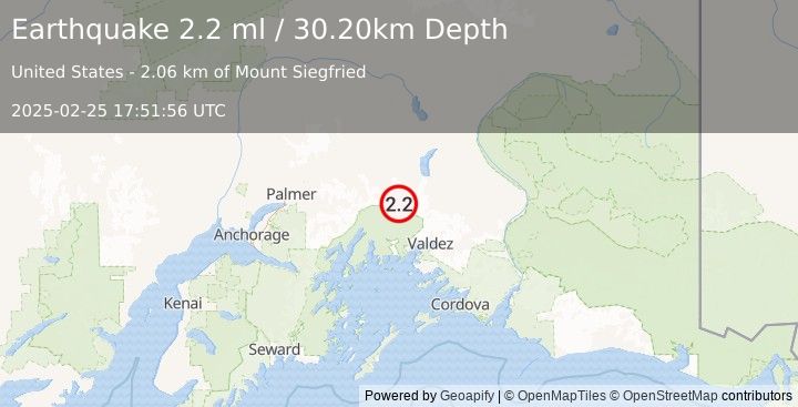 Earthquake 49 km SSE of Eureka Roadhouse, Alaska (2.2 ml) (2025-02-25 17:51:56 UTC)