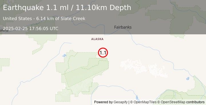 Earthquake 6 km WSW of Ferry, Alaska (1.1 ml) (2025-02-25 17:56:05 UTC)