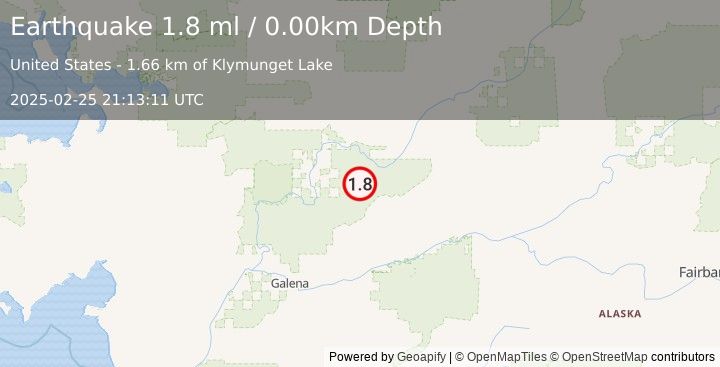 Earthquake 46 km E of Huslia, Alaska (1.8 ml) (2025-02-25 21:13:11 UTC)