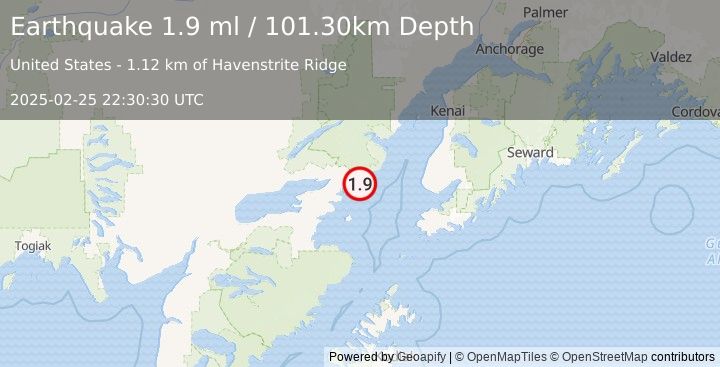 Earthquake 51 km E of Pedro Bay, Alaska (1.9 ml) (2025-02-25 22:30:30 UTC)