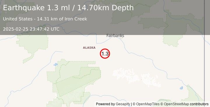 Earthquake 33 km E of Clear, Alaska (1.3 ml) (2025-02-25 23:47:42 UTC)