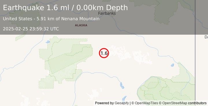 Earthquake 52 km ENE of Cantwell, Alaska (1.6 ml) (2025-02-25 23:59:32 UTC)