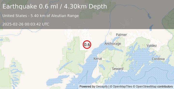 Earthquake 60 km W of Tyonek, Alaska (0.6 ml) (2025-02-26 00:03:42 UTC)