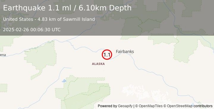 Earthquake 15 km NNE of Four Mile Road, Alaska (1.1 ml) (2025-02-26 00:06:30 UTC)