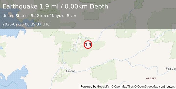 Earthquake 47 km E of Huslia, Alaska (1.9 ml) (2025-02-26 00:39:37 UTC)