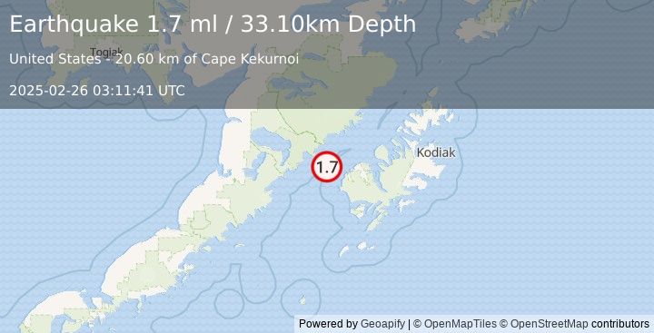 Earthquake 35 km W of Karluk, Alaska (1.7 ml) (2025-02-26 03:11:41 UTC)