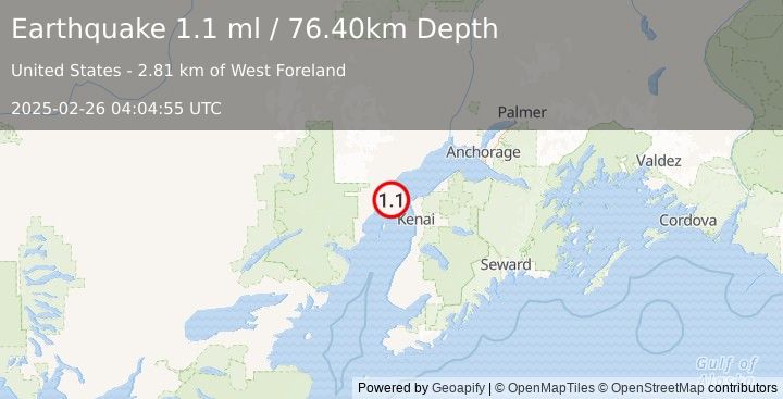 Earthquake 25 km WNW of Nikiski, Alaska (1.1 ml) (2025-02-26 04:04:55 UTC)