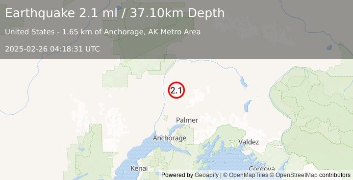 Earthquake 15 km ENE of Susitna North, Alaska (2.1 ml) (2025-02-26 04:18:31 UTC)