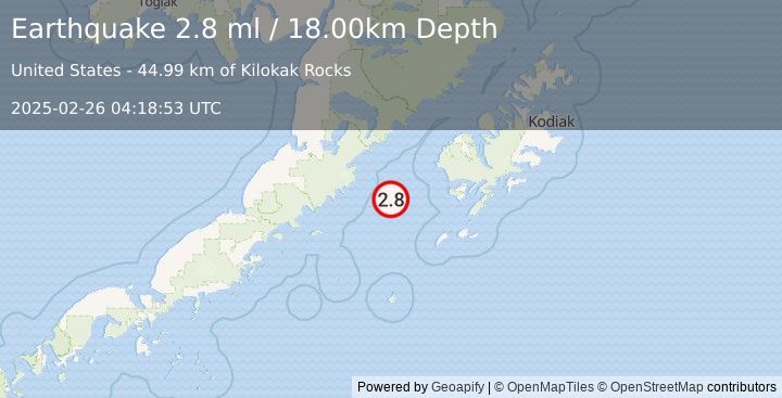 Earthquake 90 km W of Akhiok, Alaska (2.8 ml) (2025-02-26 04:18:53 UTC)