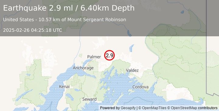 Earthquake 25 km SW of Glacier View, Alaska (2.9 ml) (2025-02-26 04:25:18 UTC)