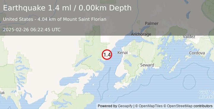 Earthquake 61 km WSW of Salamatof, Alaska (1.4 ml) (2025-02-26 06:22:45 UTC)