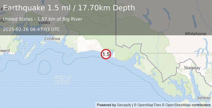 Earthquake 122 km WNW of Yakutat, Alaska (1.5 ml) (2025-02-26 06:47:03 UTC)