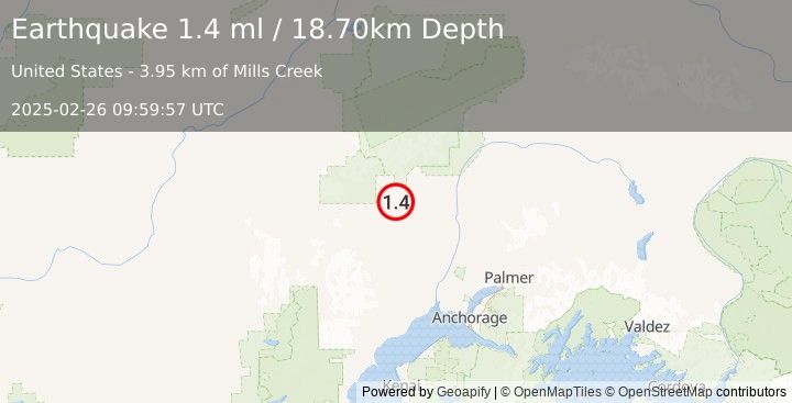 Earthquake 35 km N of Skwentna, Alaska (1.4 ml) (2025-02-26 09:59:57 UTC)