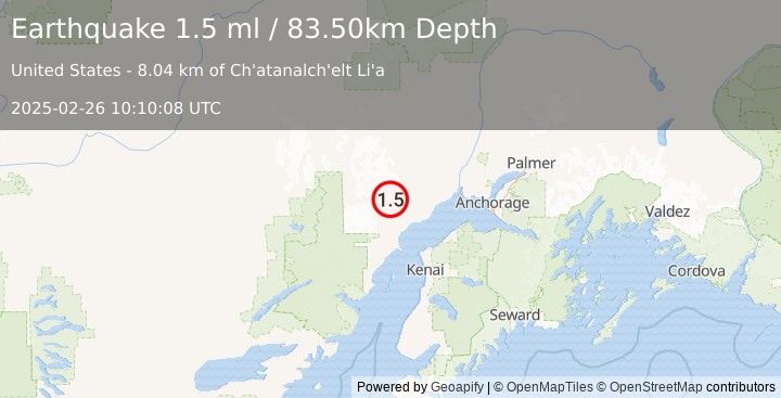 Earthquake 48 km WNW of Tyonek, Alaska (1.5 ml) (2025-02-26 10:10:08 UTC)