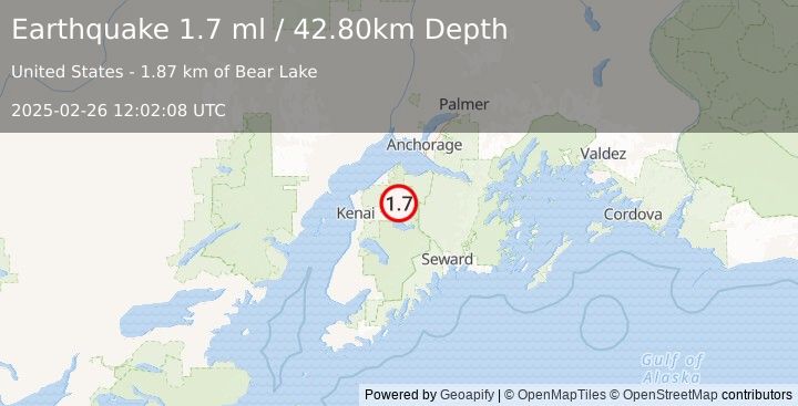 Earthquake 23 km ENE of Sterling, Alaska (1.7 ml) (2025-02-26 12:02:08 UTC)