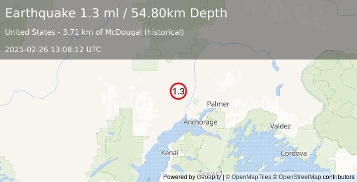 Earthquake 31 km ESE of Skwentna, Alaska (1.3 ml) (2025-02-26 13:08:12 UTC)