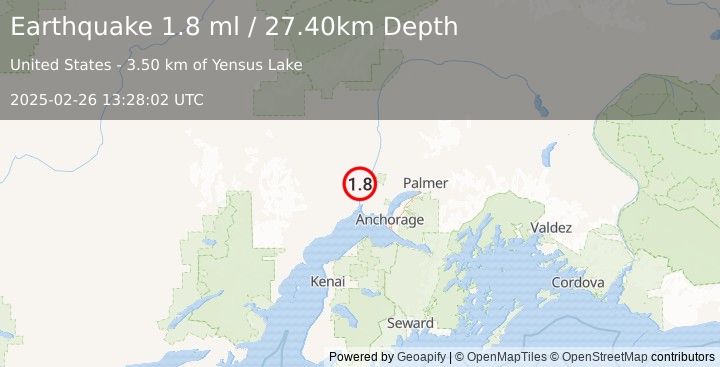 Earthquake 5 km NNW of Susitna, Alaska (1.8 ml) (2025-02-26 13:28:02 UTC)