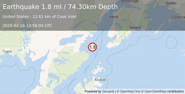 Earthquake 67 km W of Nanwalek, Alaska (1.8 ml) (2025-02-26 13:56:04 UTC)