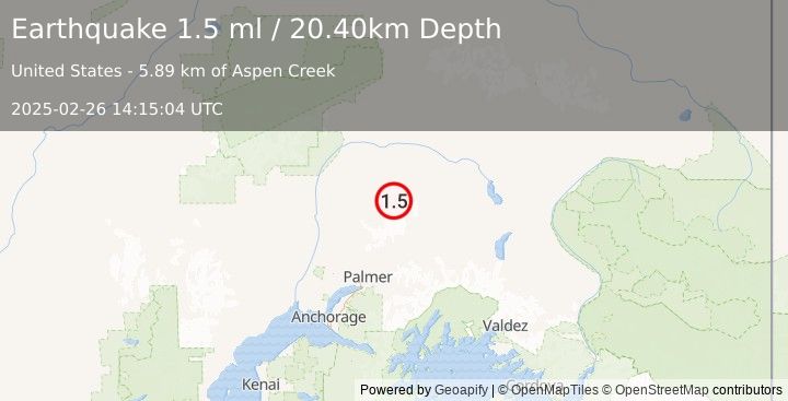 Earthquake 58 km N of Chickaloon, Alaska (1.5 ml) (2025-02-26 14:15:04 UTC)