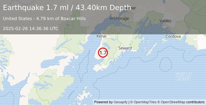 Earthquake 12 km NW of Fox River, Alaska (1.7 ml) (2025-02-26 14:36:36 UTC)