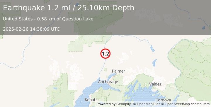 Earthquake 11 km S of Talkeetna, Alaska (1.2 ml) (2025-02-26 14:38:09 UTC)