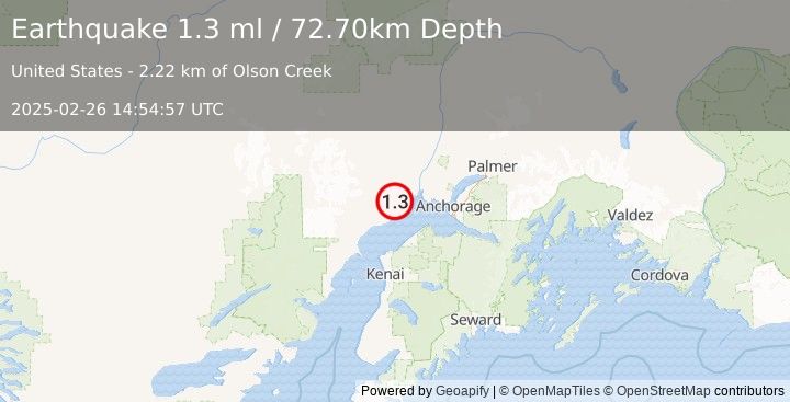 Earthquake 13 km N of Beluga, Alaska (1.3 ml) (2025-02-26 14:54:57 UTC)