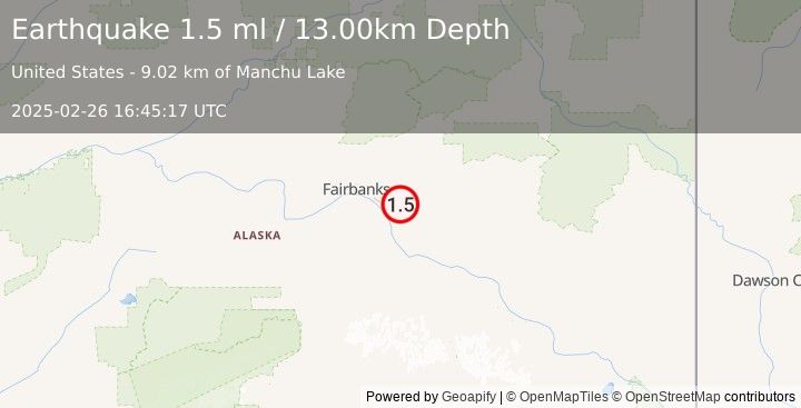 Earthquake 11 km ENE of Eielson Air Force Base, Alaska (1.5 ml) (2025-02-26 16:45:17 UTC)