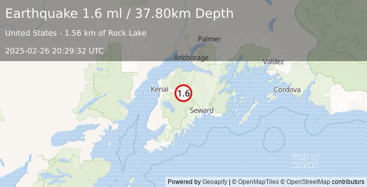 Earthquake 22 km W of Cooper Landing, Alaska (1.6 ml) (2025-02-26 20:29:32 UTC)