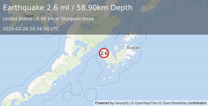 Earthquake 10 km W of Karluk, Alaska (2.6 ml) (2025-02-26 20:34:50 UTC)