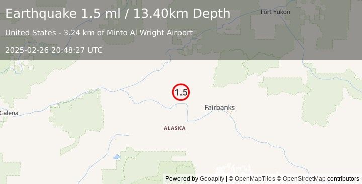 Earthquake 3 km SW of Minto, Alaska (1.5 ml) (2025-02-26 20:48:27 UTC)