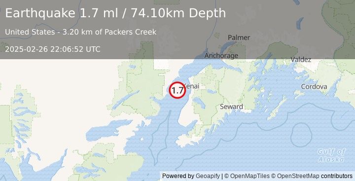 Earthquake 30 km W of Kalifornsky, Alaska (1.7 ml) (2025-02-26 22:06:52 UTC)