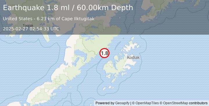 Earthquake 44 km N of Karluk, Alaska (1.8 ml) (2025-02-27 02:54:33 UTC)