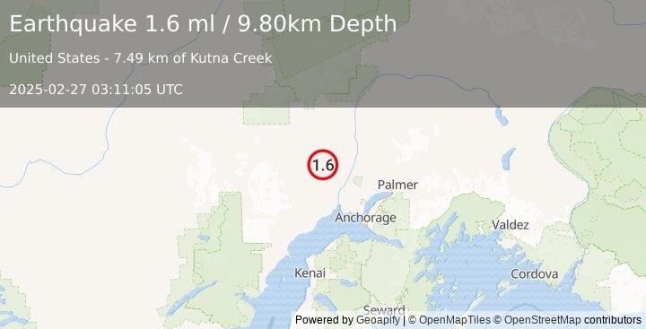 Earthquake 29 km SE of Skwentna, Alaska (1.6 ml) (2025-02-27 03:11:05 UTC)