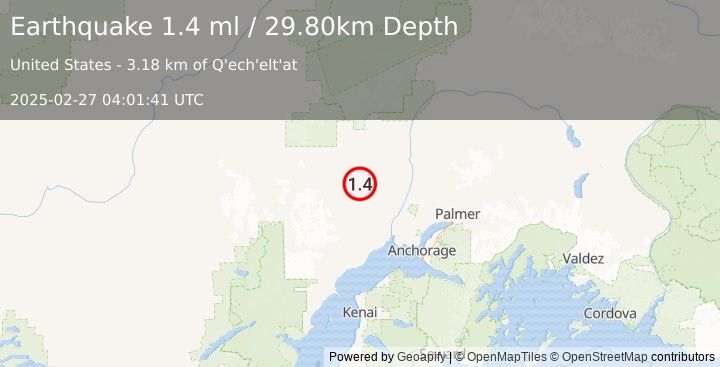 Earthquake 11 km SE of Skwentna, Alaska (1.4 ml) (2025-02-27 04:01:41 UTC)