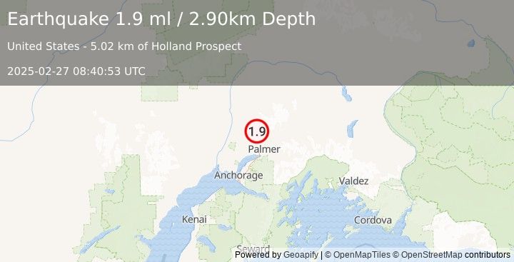 Earthquake 13 km NNW of Fishhook, Alaska (1.9 ml) (2025-02-27 08:40:53 UTC)