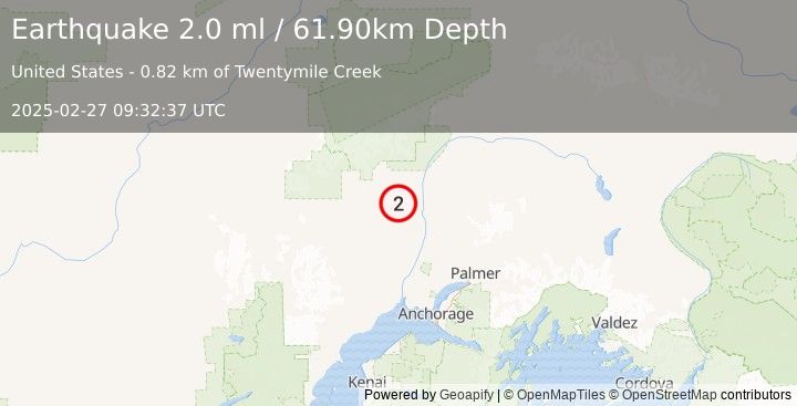 Earthquake 22 km WSW of Trapper Creek, Alaska (2.0 ml) (2025-02-27 09:32:37 UTC)