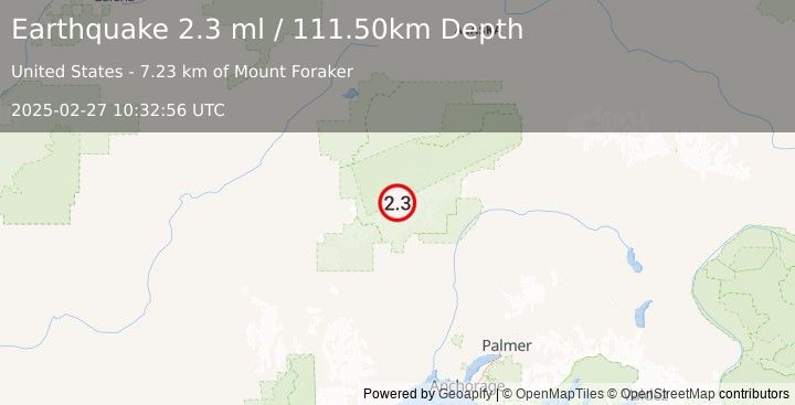 Earthquake 54 km NNW of Petersville, Alaska (2.3 ml) (2025-02-27 10:32:56 UTC)