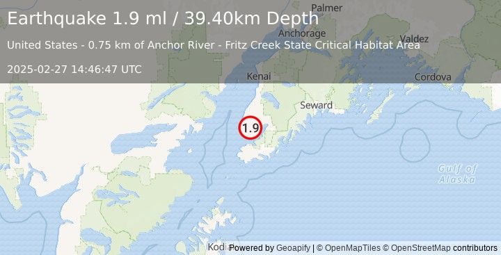 Earthquake 7 km NNE of Diamond Ridge, Alaska (1.9 ml) (2025-02-27 14:46:47 UTC)