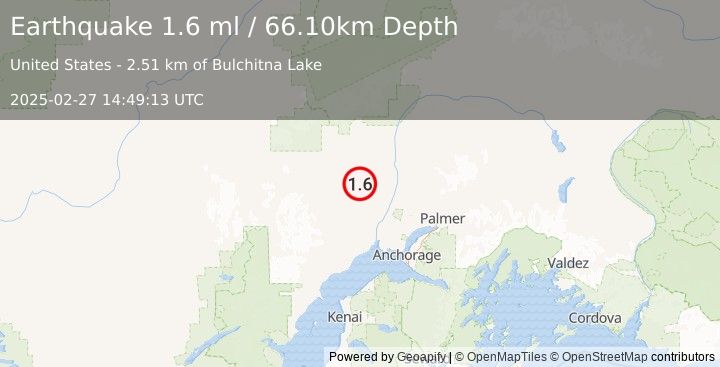 Earthquake 25 km E of Skwentna, Alaska (1.6 ml) (2025-02-27 14:49:13 UTC)