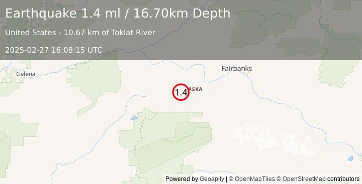 Earthquake 46 km W of Anderson, Alaska (1.4 ml) (2025-02-27 16:08:15 UTC)