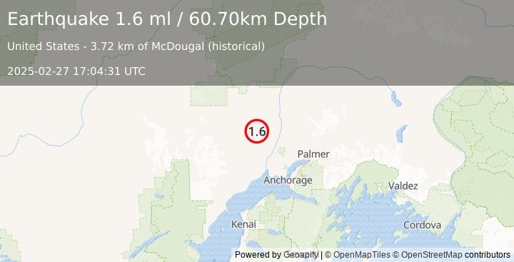 Earthquake 29 km ESE of Skwentna, Alaska (1.6 ml) (2025-02-27 17:04:31 UTC)