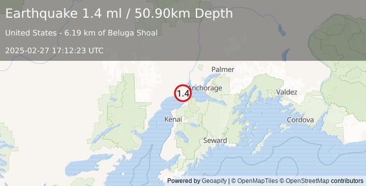 Earthquake 14 km ESE of Beluga, Alaska (1.4 ml) (2025-02-27 17:12:23 UTC)