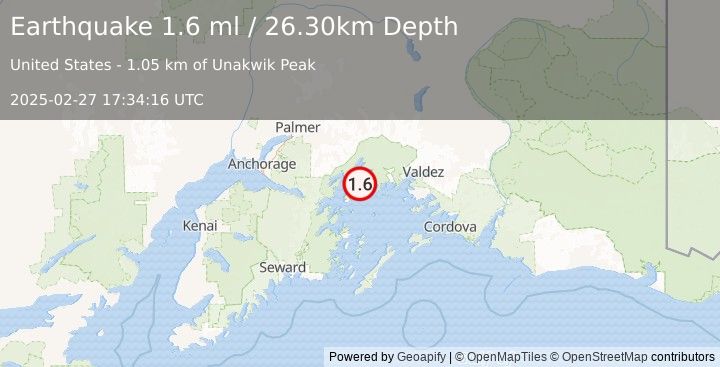 Earthquake 57 km ENE of Whittier, Alaska (1.6 ml) (2025-02-27 17:34:16 UTC)