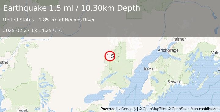 Earthquake 82 km ESE of Lime Village, Alaska (1.5 ml) (2025-02-27 18:14:25 UTC)