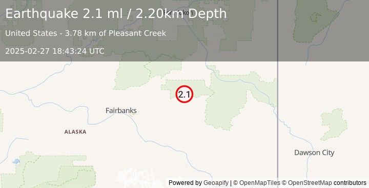 Earthquake 49 km S of Central, Alaska (2.1 ml) (2025-02-27 18:43:24 UTC)